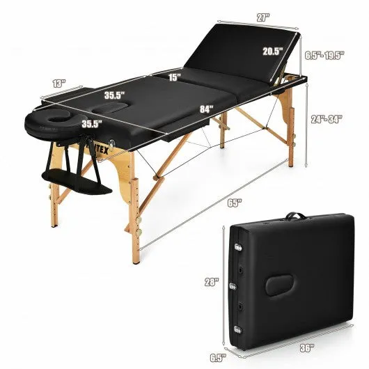 3 Fold 84" L Portable Adjustable Massage Table with Carry Case-Black