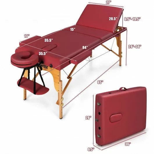 3 Fold 84" L Portable Adjustable Massage Table with Carry Case-Red