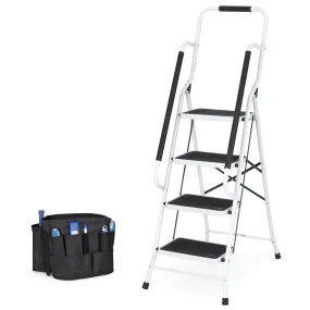 4-Step Portable Folding Ladder w/ Handrails, Tool Bag