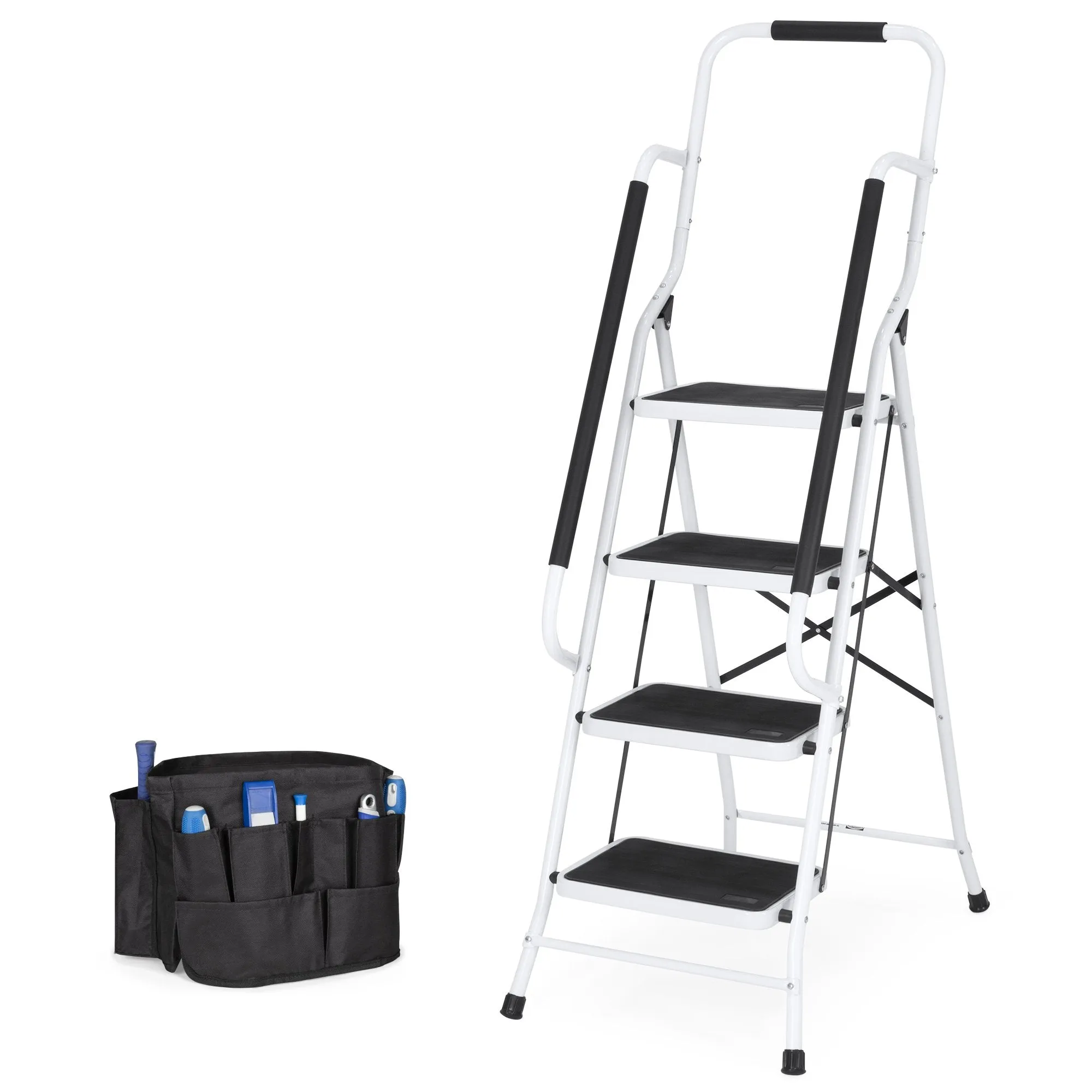 4-Step Portable Folding Ladder w/ Handrails, Tool Bag