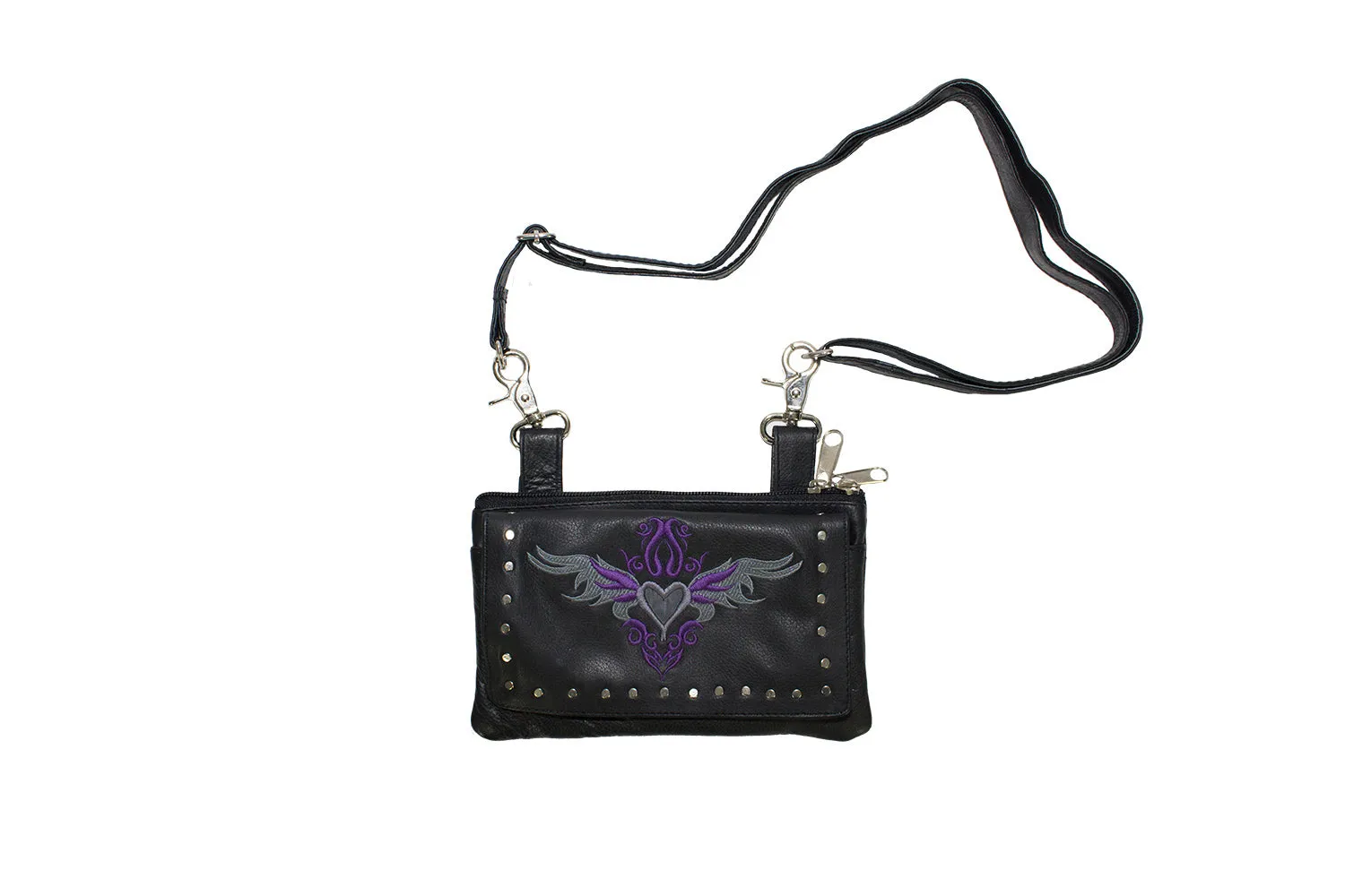 All Naked Cowhide Leather Belt Bag with Gray/Purple Heart and Studs