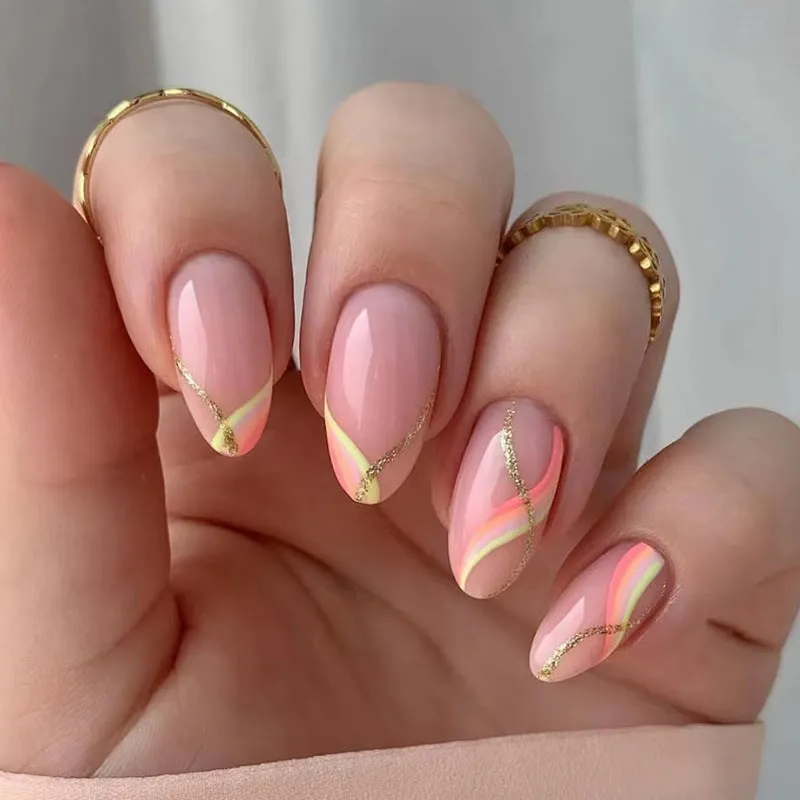 Almond Manicure after 00 Manicure Wear Nail Wholesale Warm Color Gold Pink Stripe Pure Desire Nail Patch