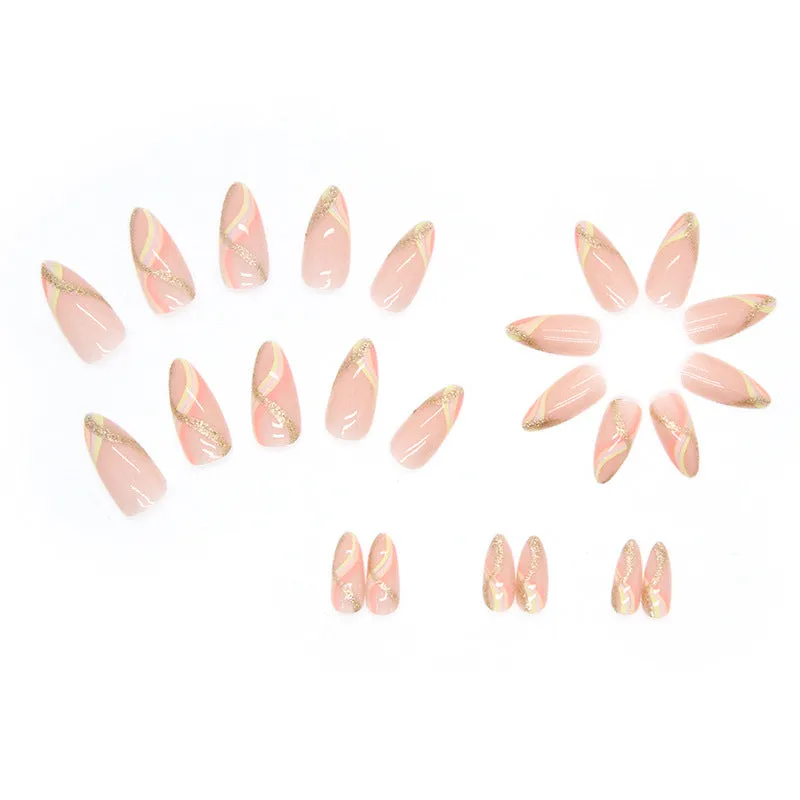 Almond Manicure after 00 Manicure Wear Nail Wholesale Warm Color Gold Pink Stripe Pure Desire Nail Patch