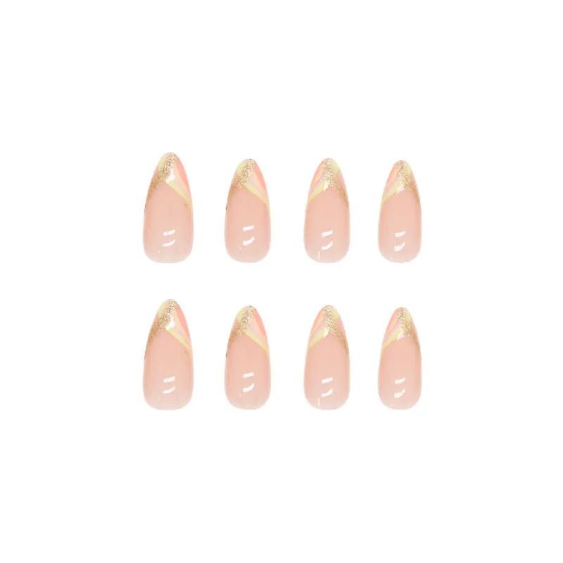 Almond Manicure after 00 Manicure Wear Nail Wholesale Warm Color Gold Pink Stripe Pure Desire Nail Patch