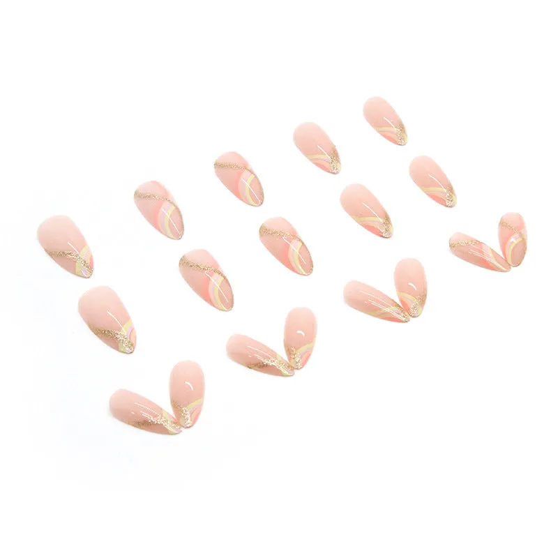 Almond Manicure after 00 Manicure Wear Nail Wholesale Warm Color Gold Pink Stripe Pure Desire Nail Patch