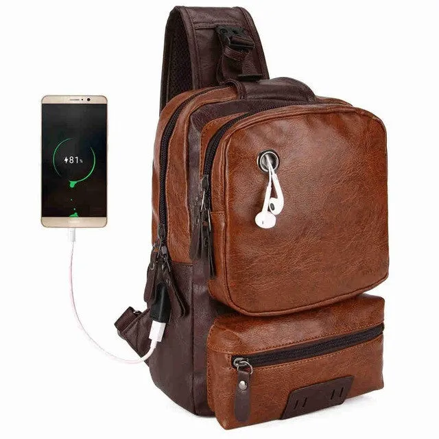 Anti-theft External USB Charge Men's Crossbody Large Capacity Casual Pu Leather Travel Bag - Black/Brown/Blue