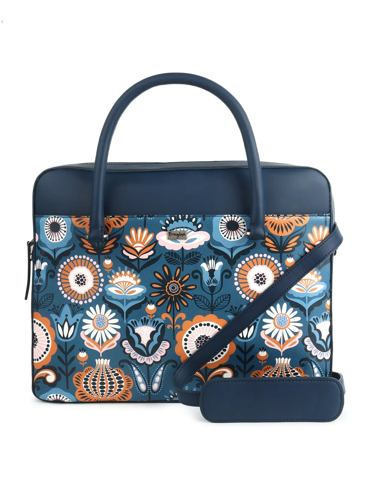 Berrylush Women Blue Graphic Printed PU Detachable Sling Strap Regular Laptop Bag