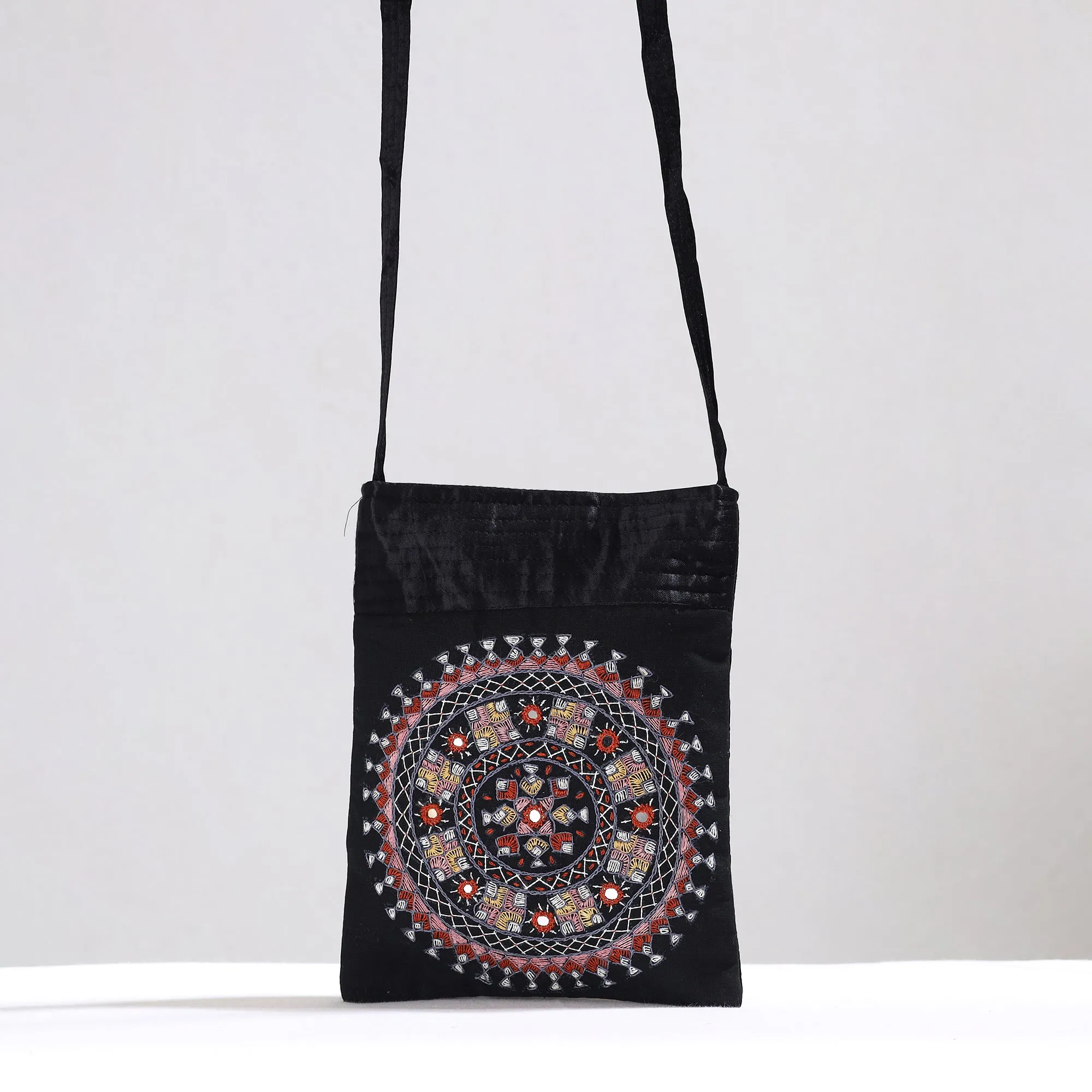 Black - Kutch Neran Hand Embroidery Mirror Work Mashru Silk Sling Bag 08