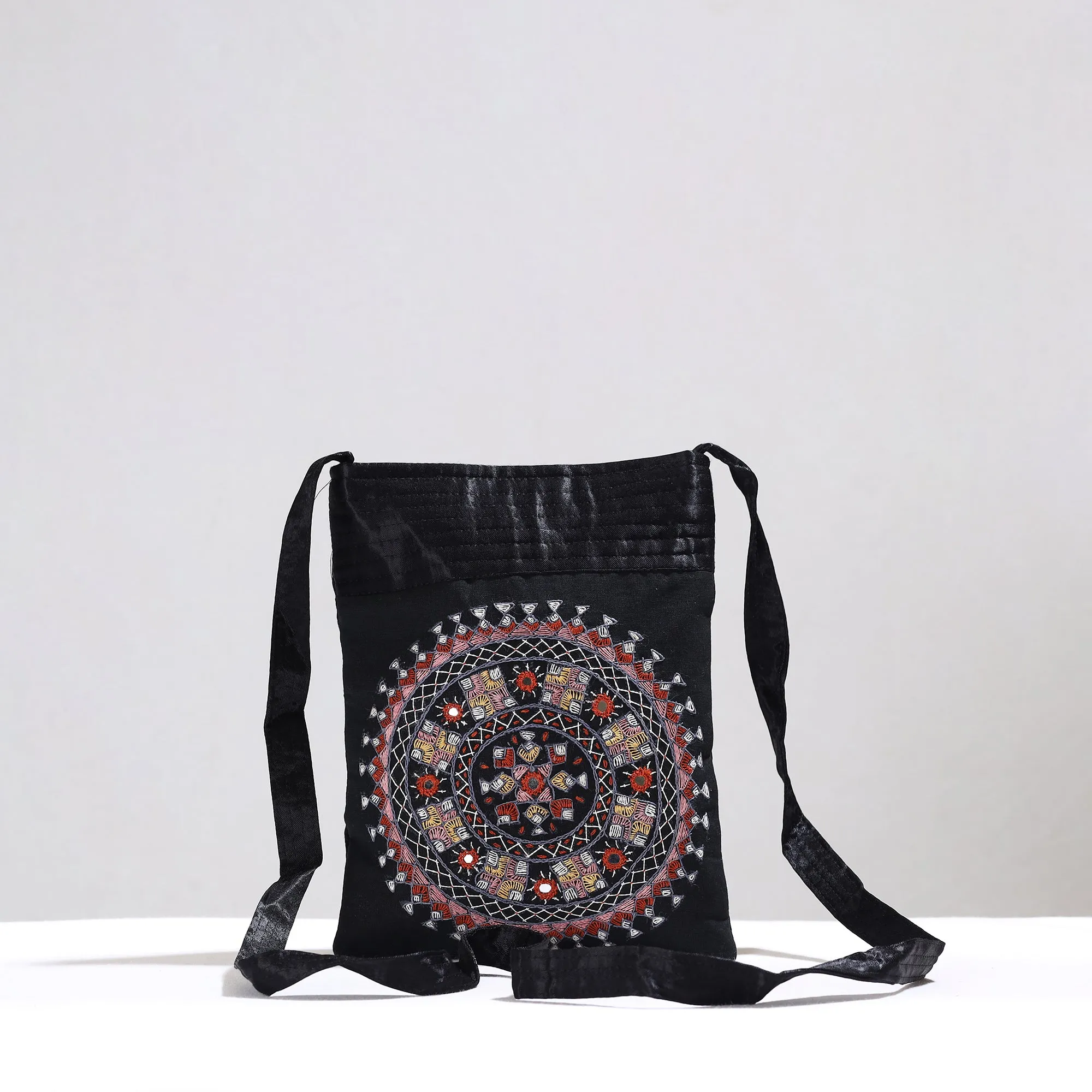 Black - Kutch Neran Hand Embroidery Mirror Work Mashru Silk Sling Bag 08