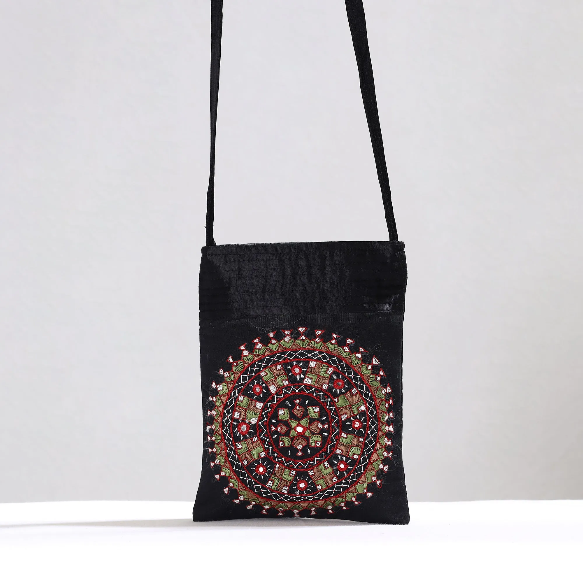 Black - Kutch Neran Hand Embroidery Mirror Work Mashru Silk Sling Bag 14