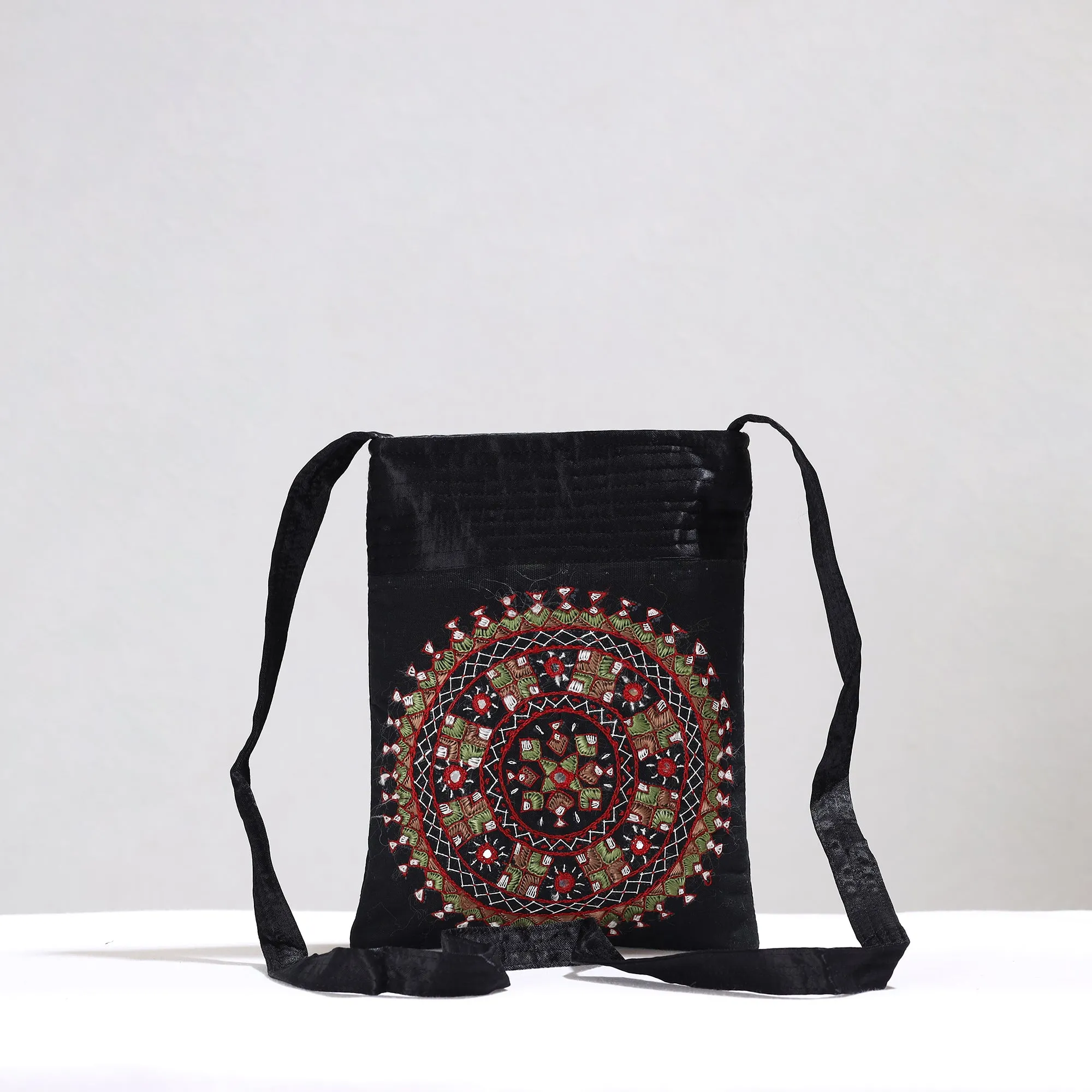 Black - Kutch Neran Hand Embroidery Mirror Work Mashru Silk Sling Bag 14