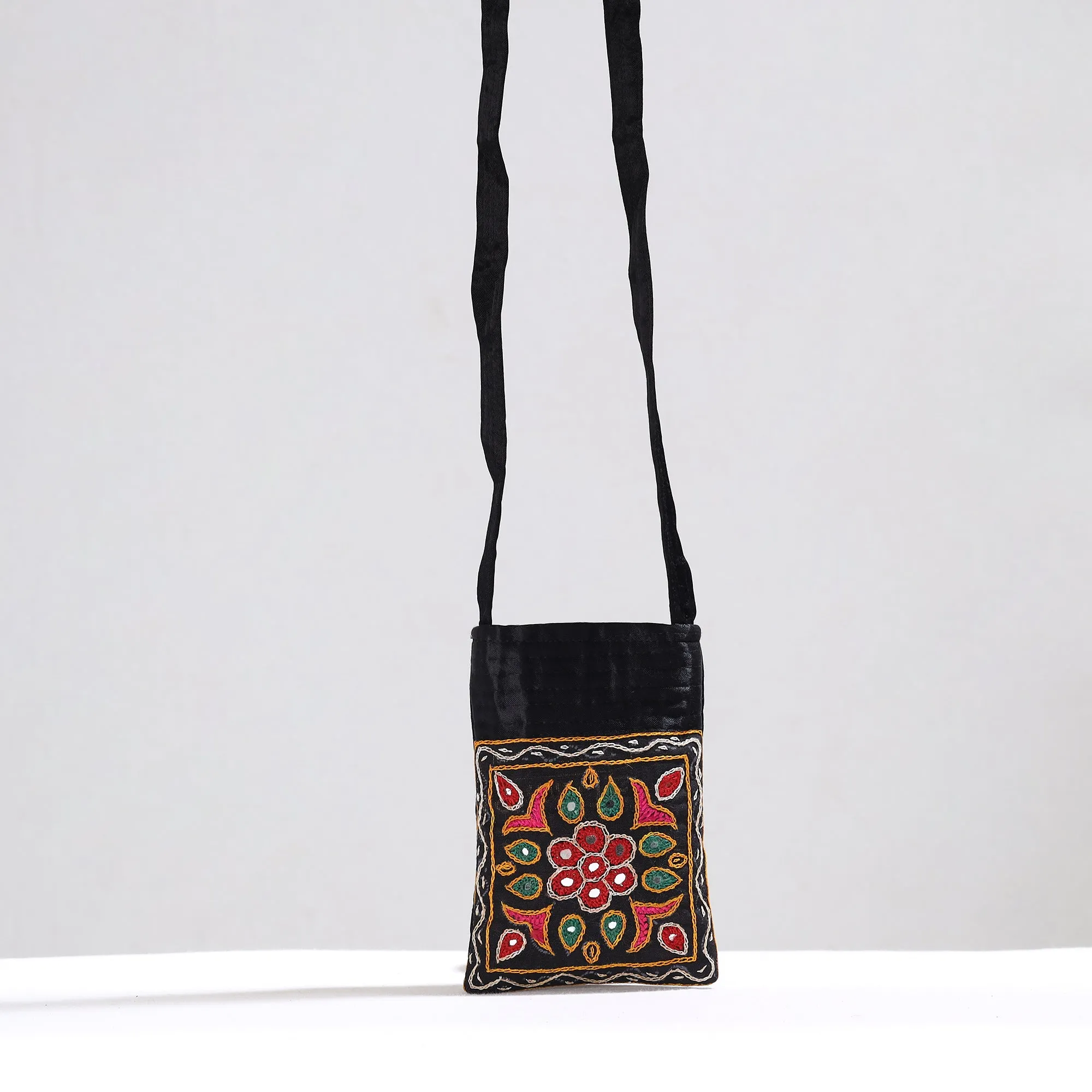 Black - Kutch Pakko Hand Embroidery Mirror Work Mashru Silk Sling Bag 83