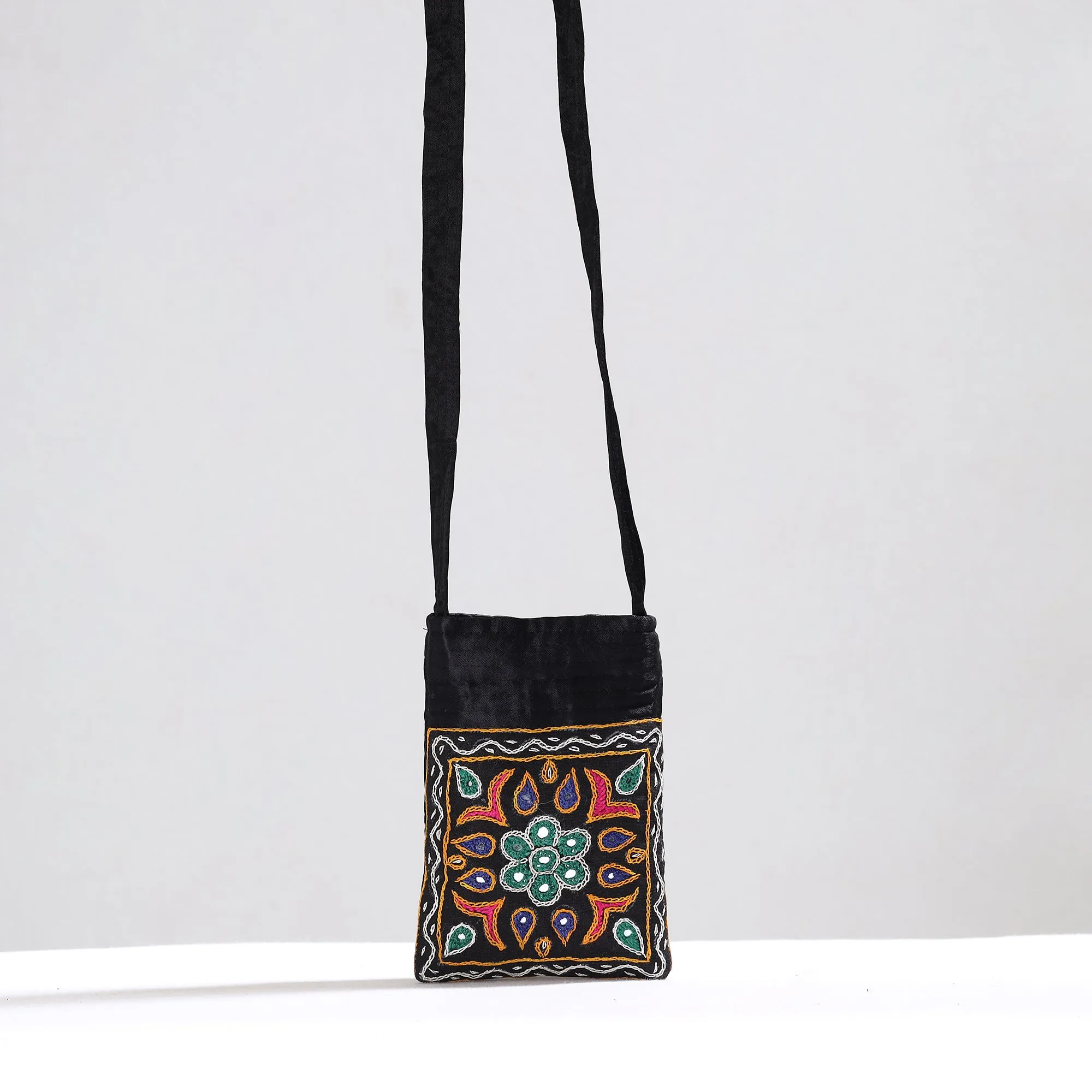 Black - Kutch Pakko Hand Embroidery Mirror Work Mashru Silk Sling Bag 87