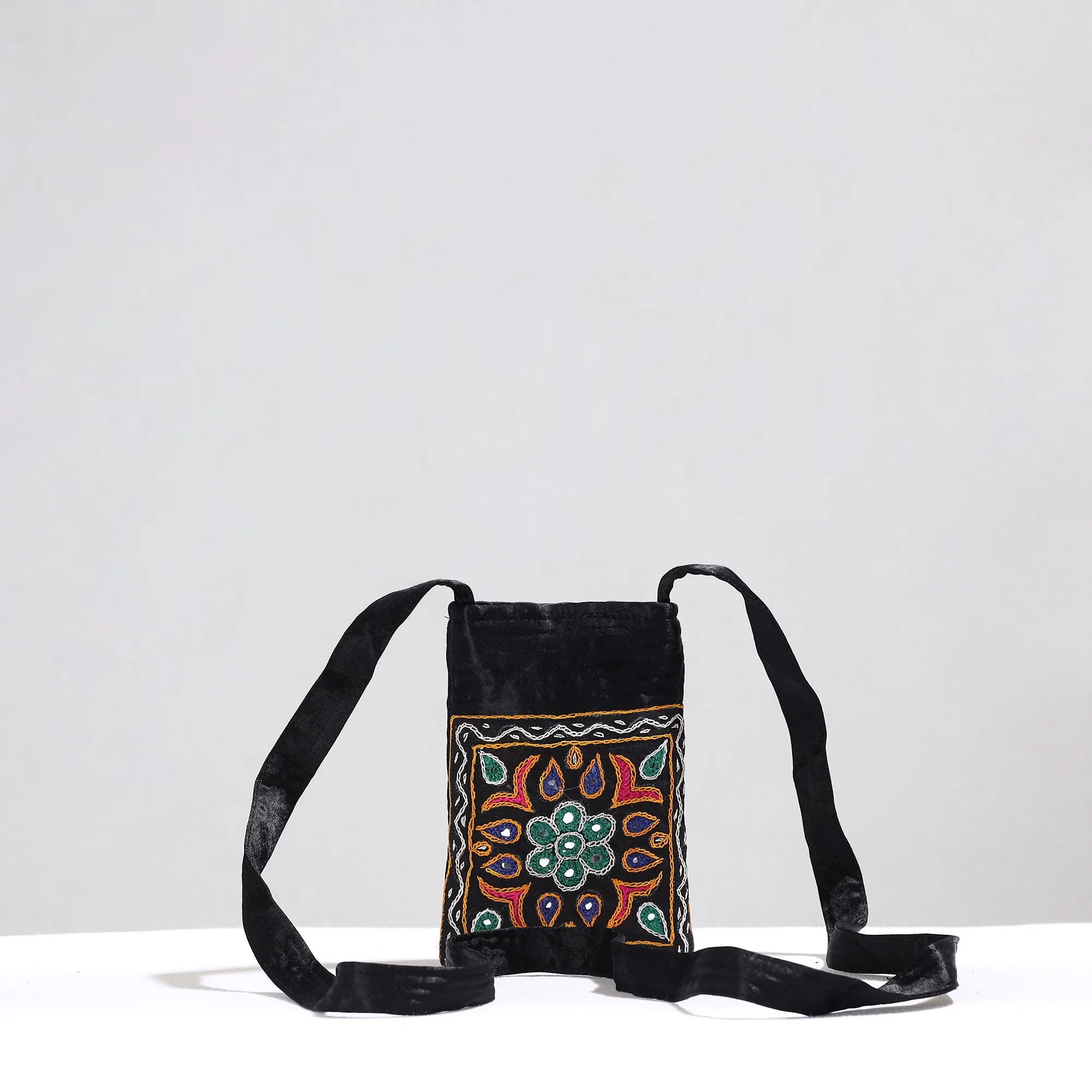 Black - Kutch Pakko Hand Embroidery Mirror Work Mashru Silk Sling Bag 87