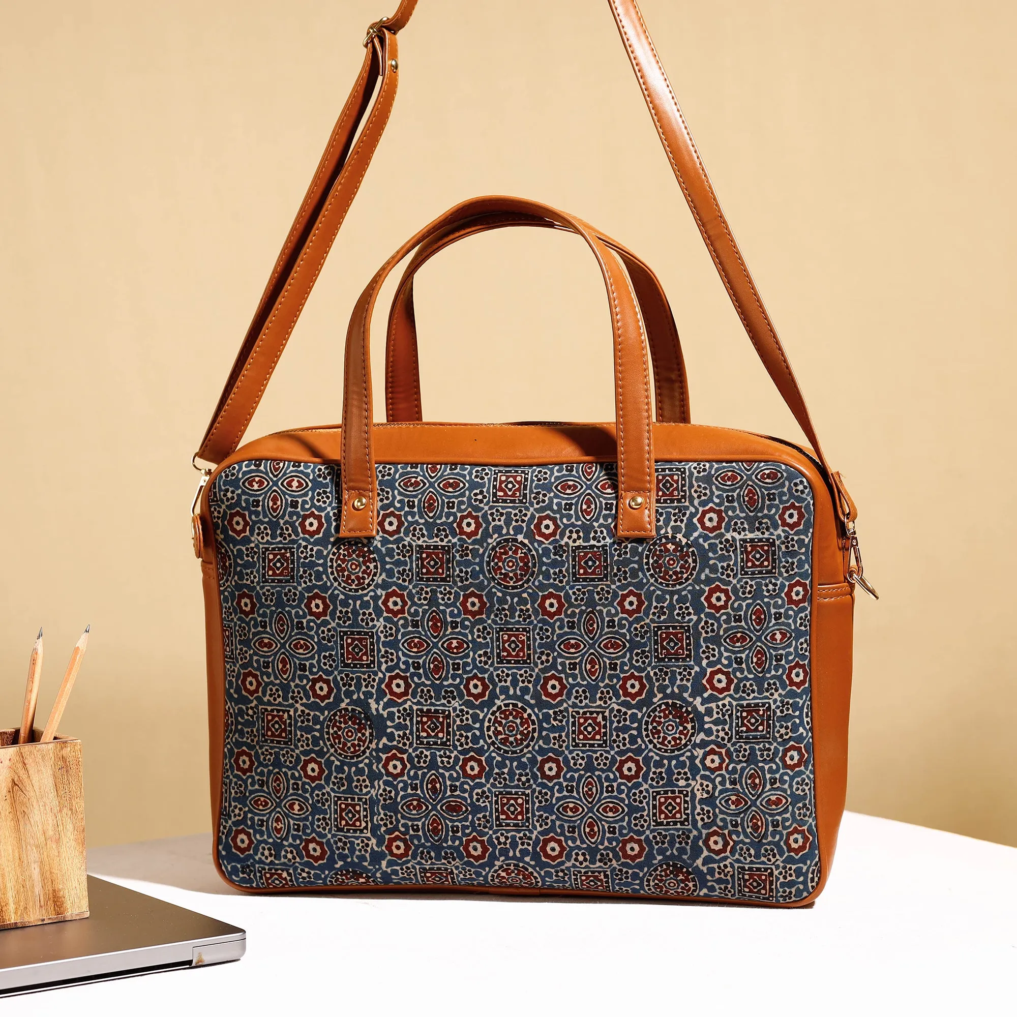 Blue - Handcrafted Ajrakh Block Printed Cotton Laptop Bag (15 x 13 in)