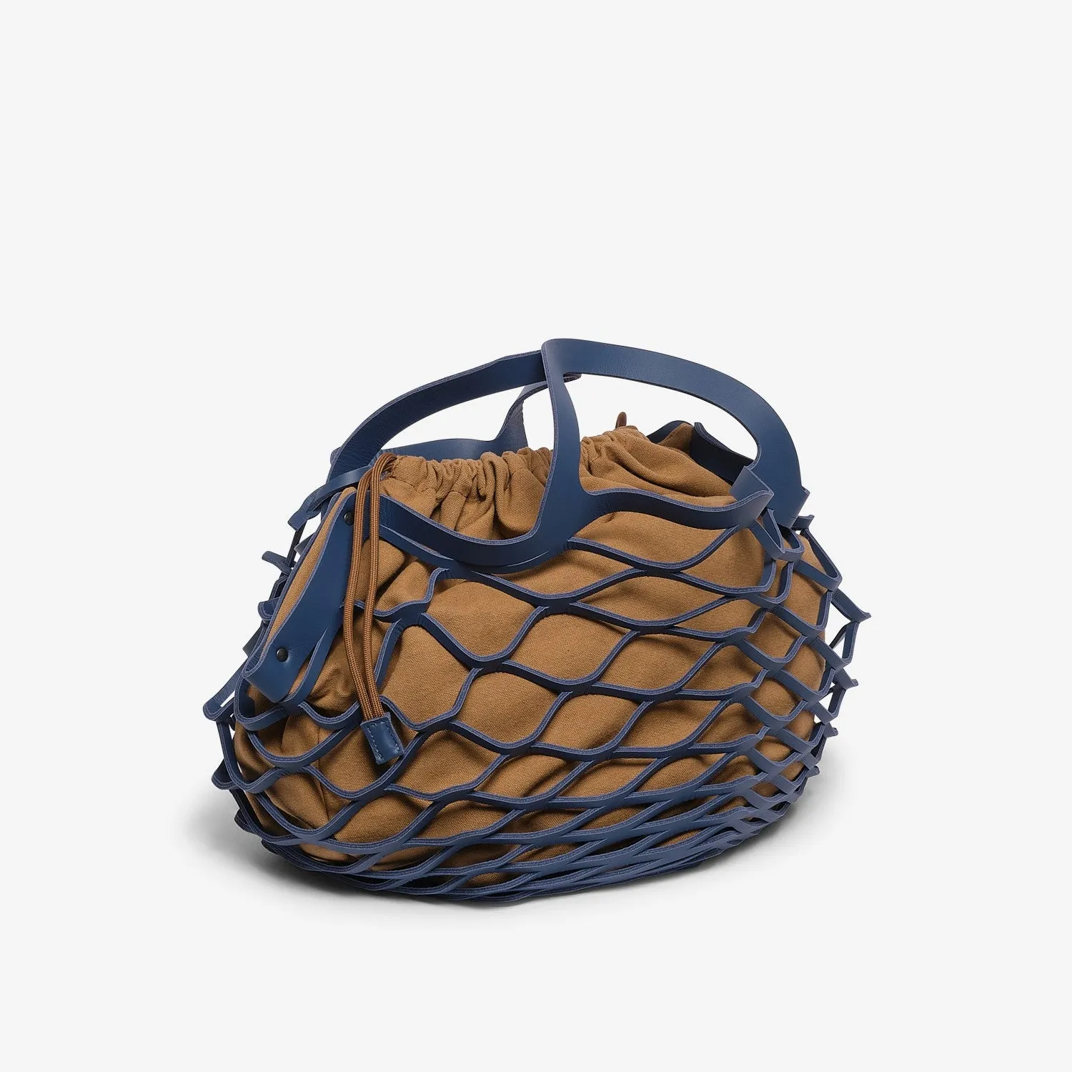 Blue royal-tan calfskin and fabric net bag