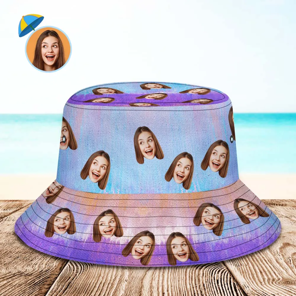 Custom Face Bucket Hat Unisex Personalised Photo Wide Brim Outdoor Summer Hats Purple Blue and Orange Oil Painting Style