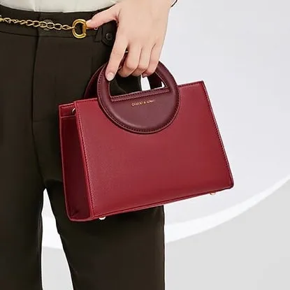 Cute Red Minimalist Geometric Shaped Car Suture Luxury Genuine Leather Round Handheld Handle Handbag for Women, Shoulder Bag, Crossbody Bag