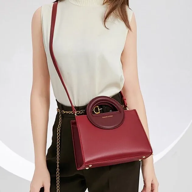 Cute Red Minimalist Geometric Shaped Car Suture Luxury Genuine Leather Round Handheld Handle Handbag for Women, Shoulder Bag, Crossbody Bag