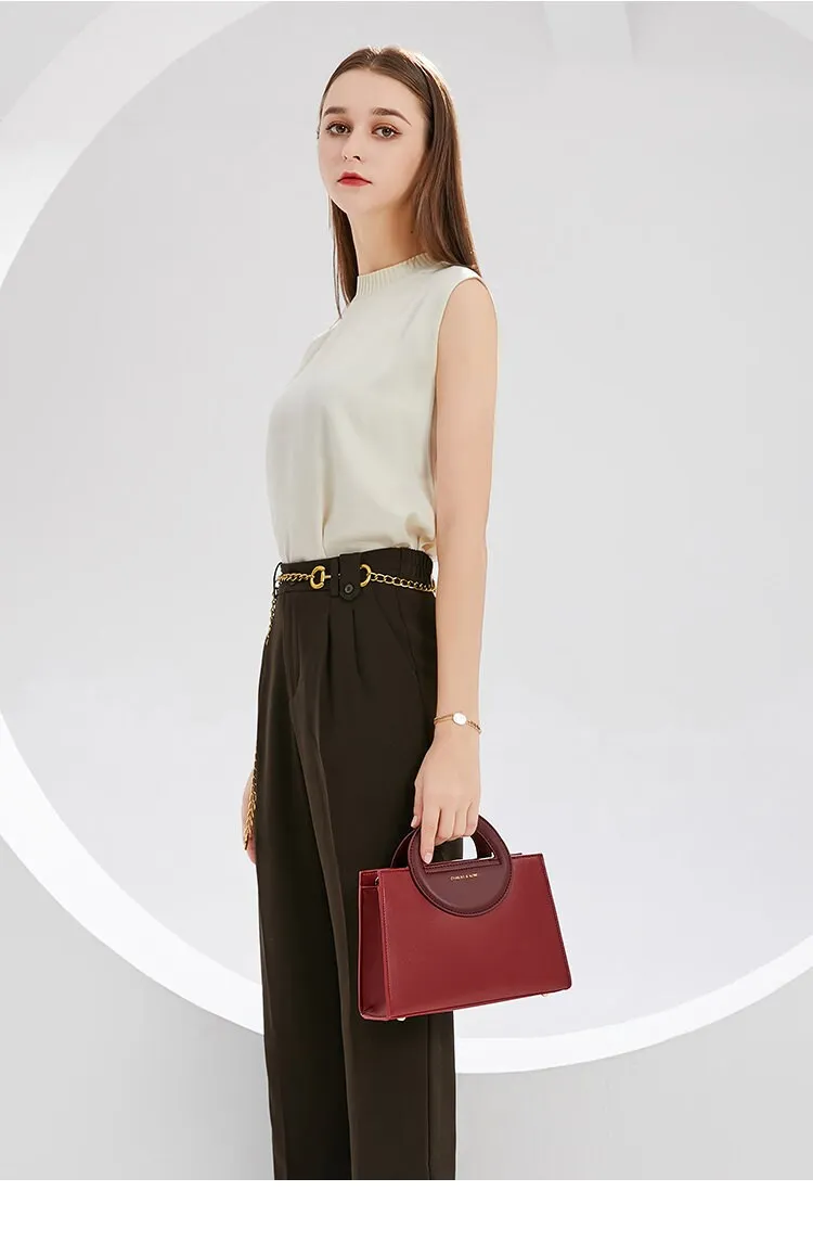 Cute Red Minimalist Geometric Shaped Car Suture Luxury Genuine Leather Round Handheld Handle Handbag for Women, Shoulder Bag, Crossbody Bag