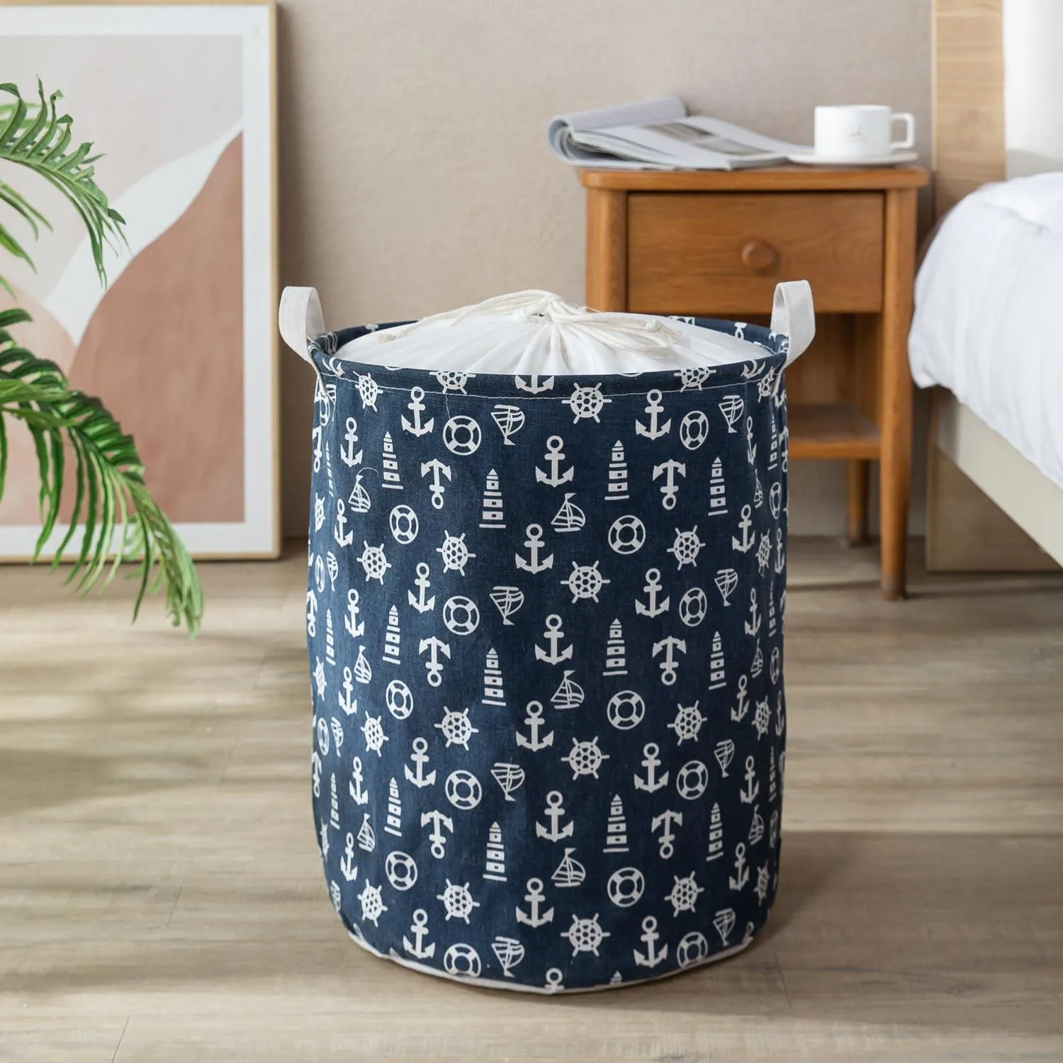 Dark Blue Nautical Print Foldable Laundry Bag with Lid Drawstring