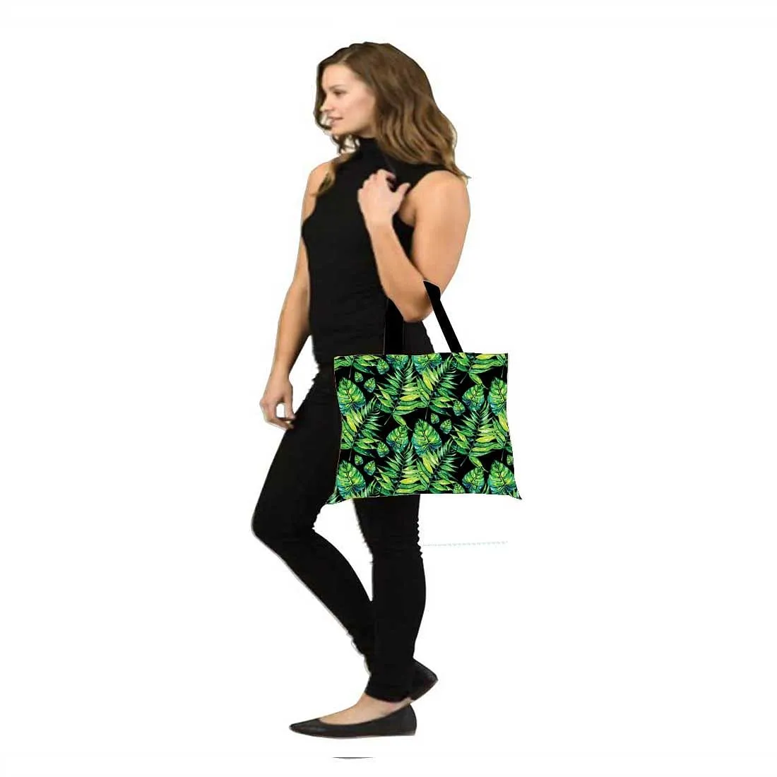 Designer Tote Bag With Zip Beach Gym Travel Bags -  Dark Green Tropical Leaf