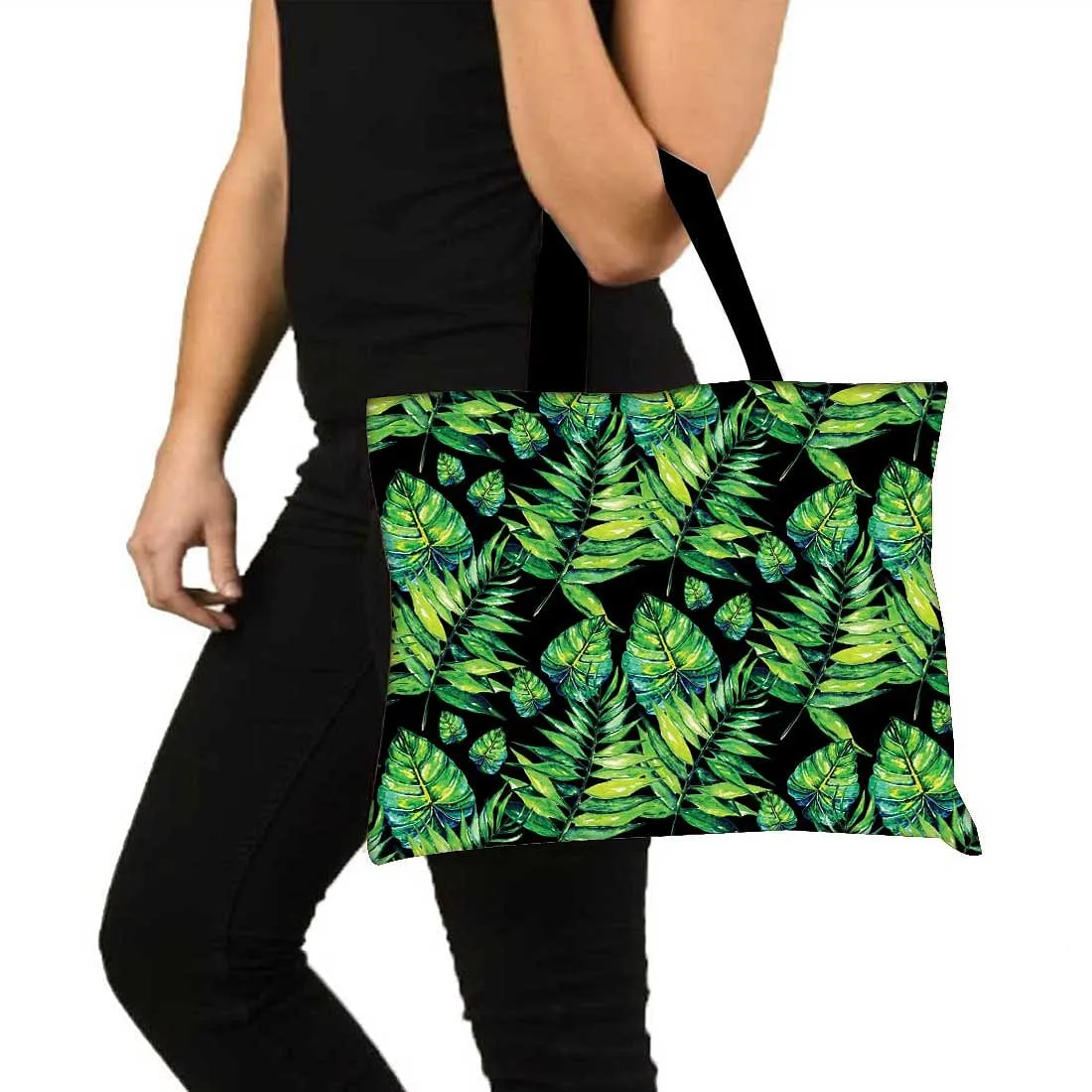 Designer Tote Bag With Zip Beach Gym Travel Bags -  Dark Green Tropical Leaf