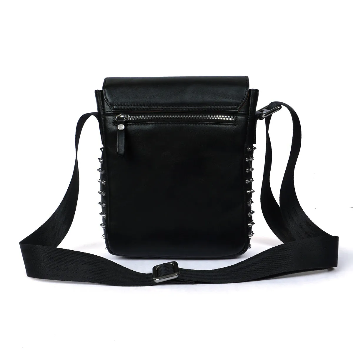 Flap Over Silver Studded Black Leather Crossbody Sling Bag