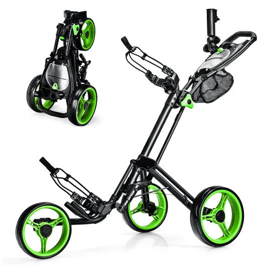 Folding 3 Wheels Golf Push Cart with Brake Scoreboard Adjustable Handle-Green