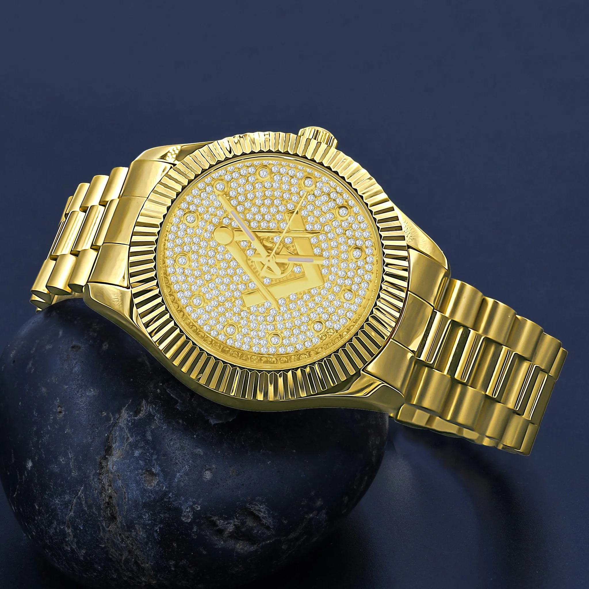 Golden Masonic Iced Out Metallic Watch