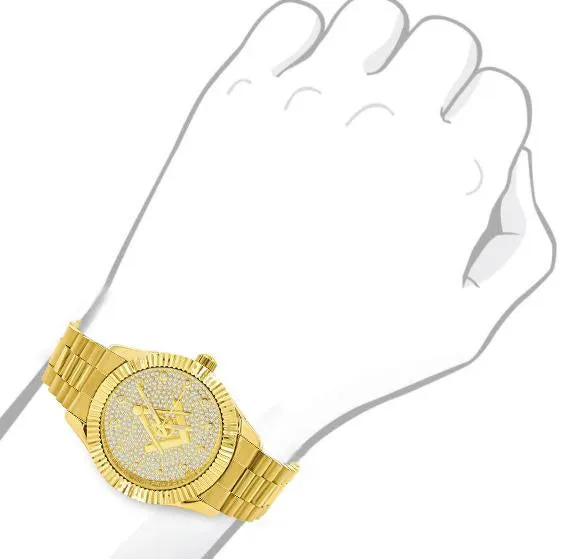 Golden Masonic Iced Out Metallic Watch