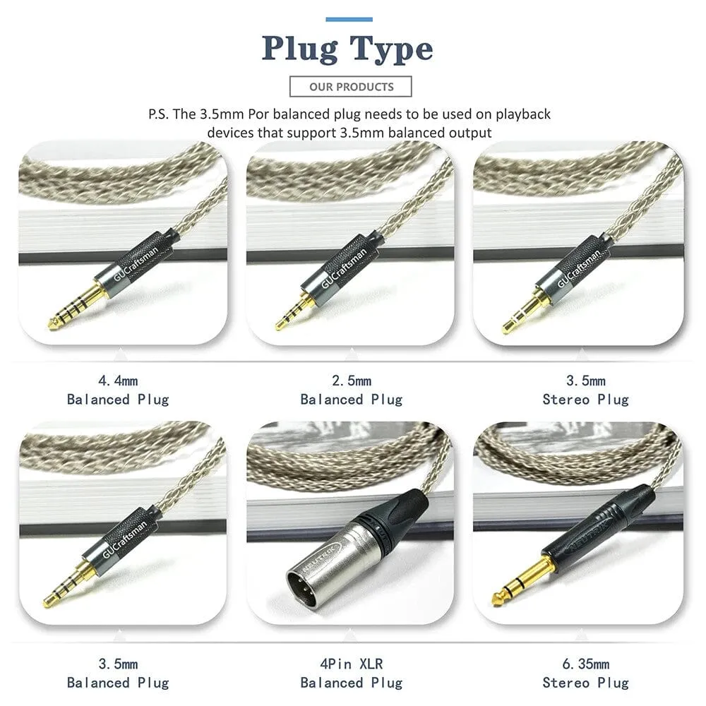 GUCraftsman 6N Single Crystal Silver Headphone Cables For Audeze LCD-X LCD-XC LCD-2 LCD-3 LCD-4