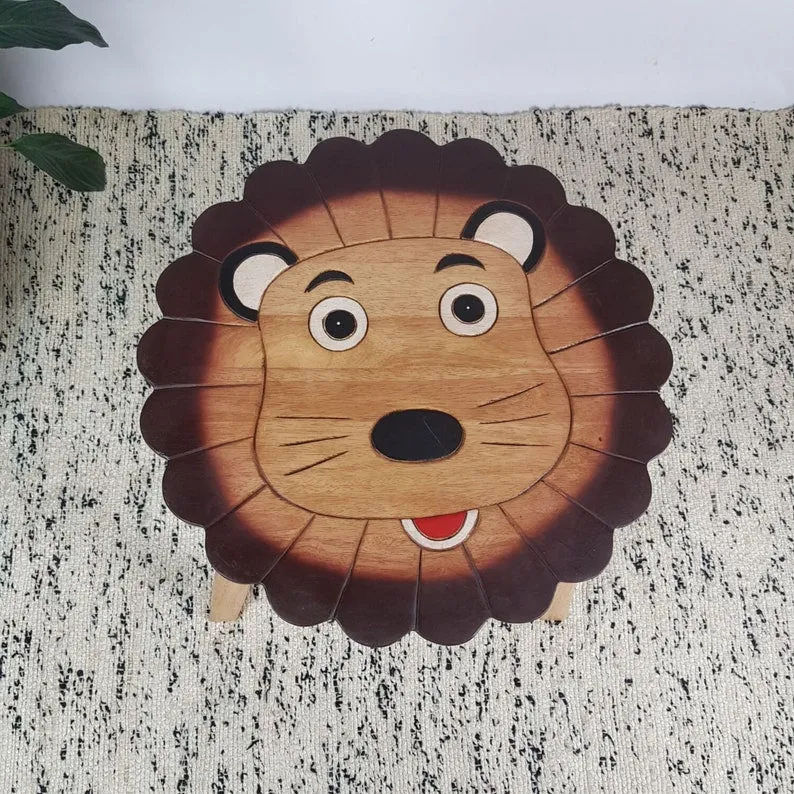 Hand-Carved Wooden Lion Themed Children's Table