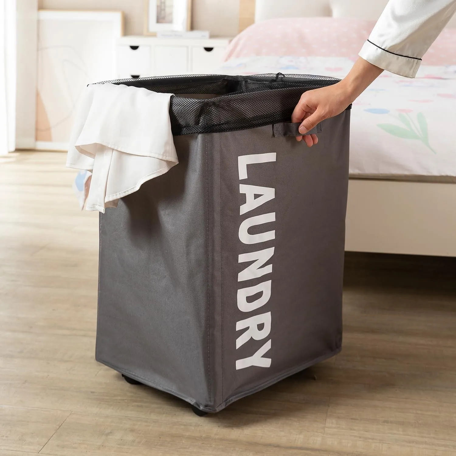 HOKIPO Foldable Laundry Hamper with Wheels, Grey