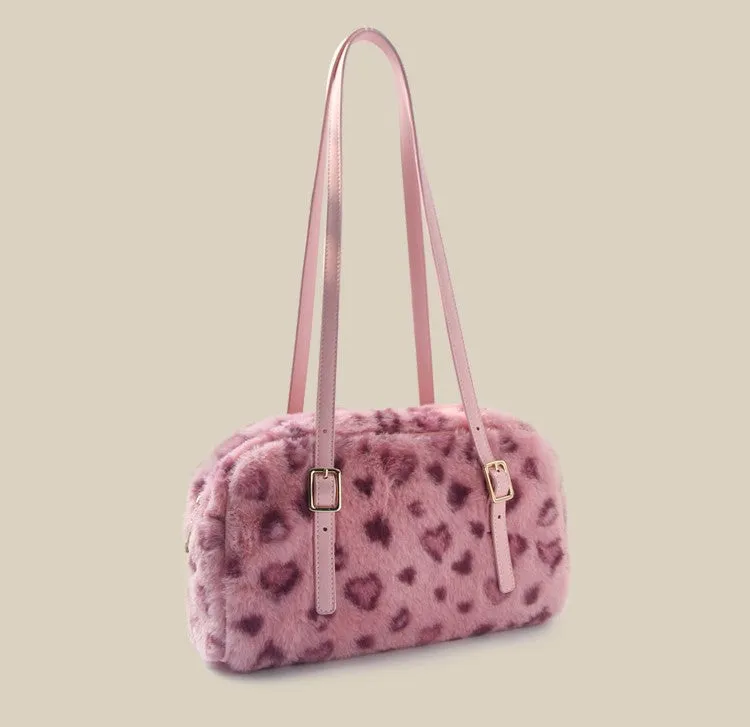 Hot Pink Leopard Pattern Fur Plush Women Large Capacity Messenger Bag