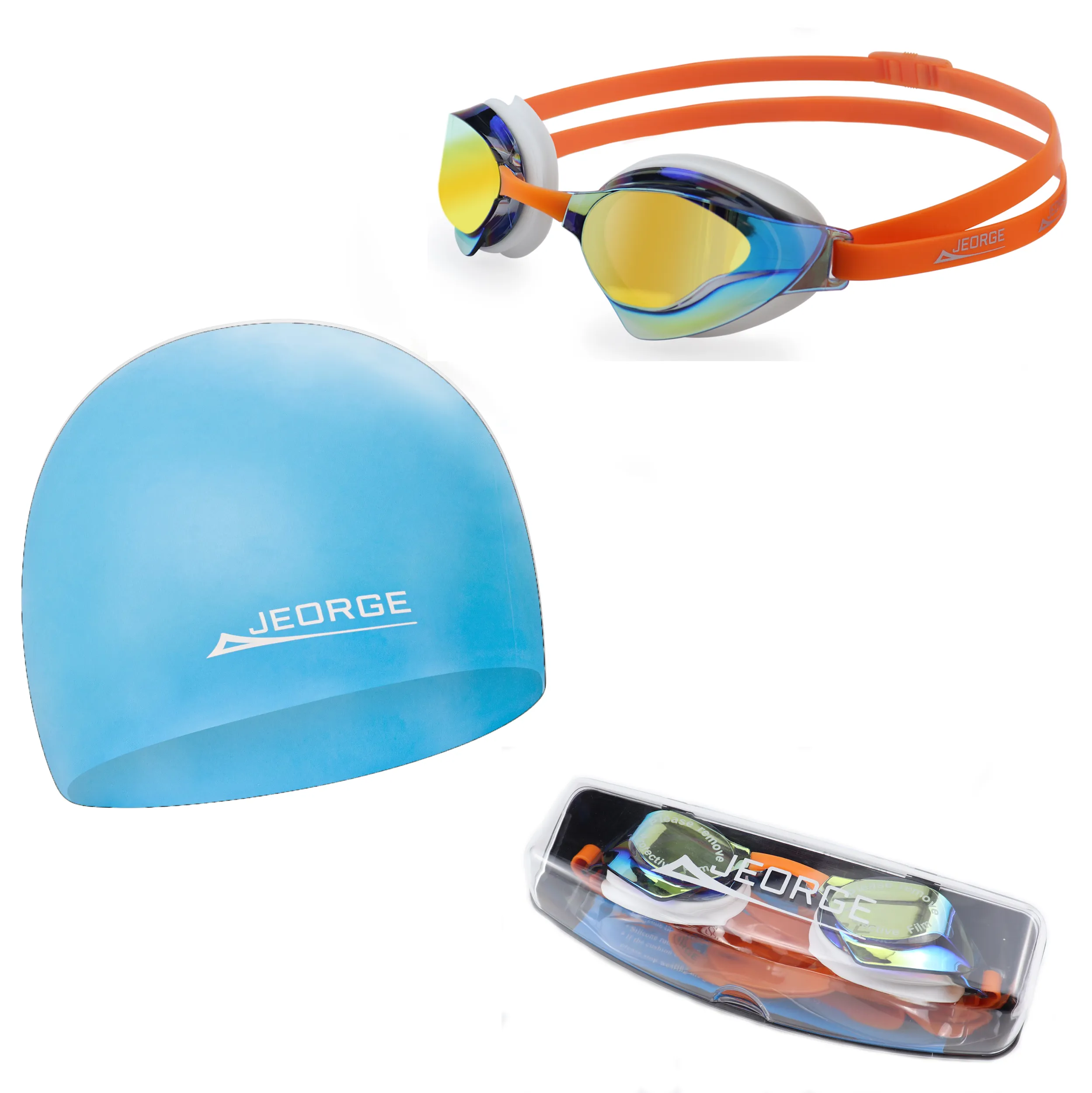 JEORGE wide vision mirror coating lens anti-fog UV protect goggles   Swim Cap   Swim Bag ComboCombo