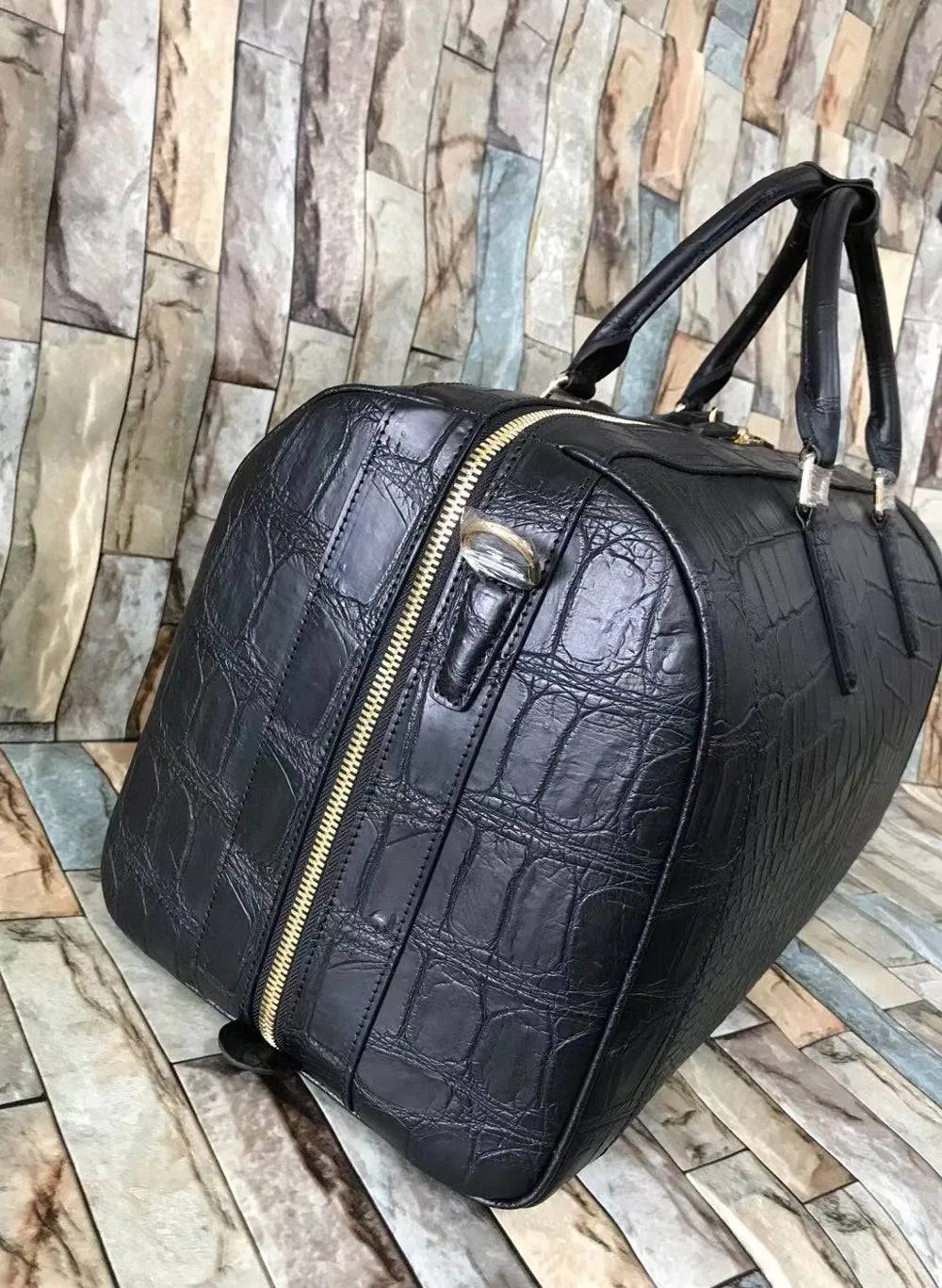 Large Crocodile Skin Leather Travel Duffel Bag Black