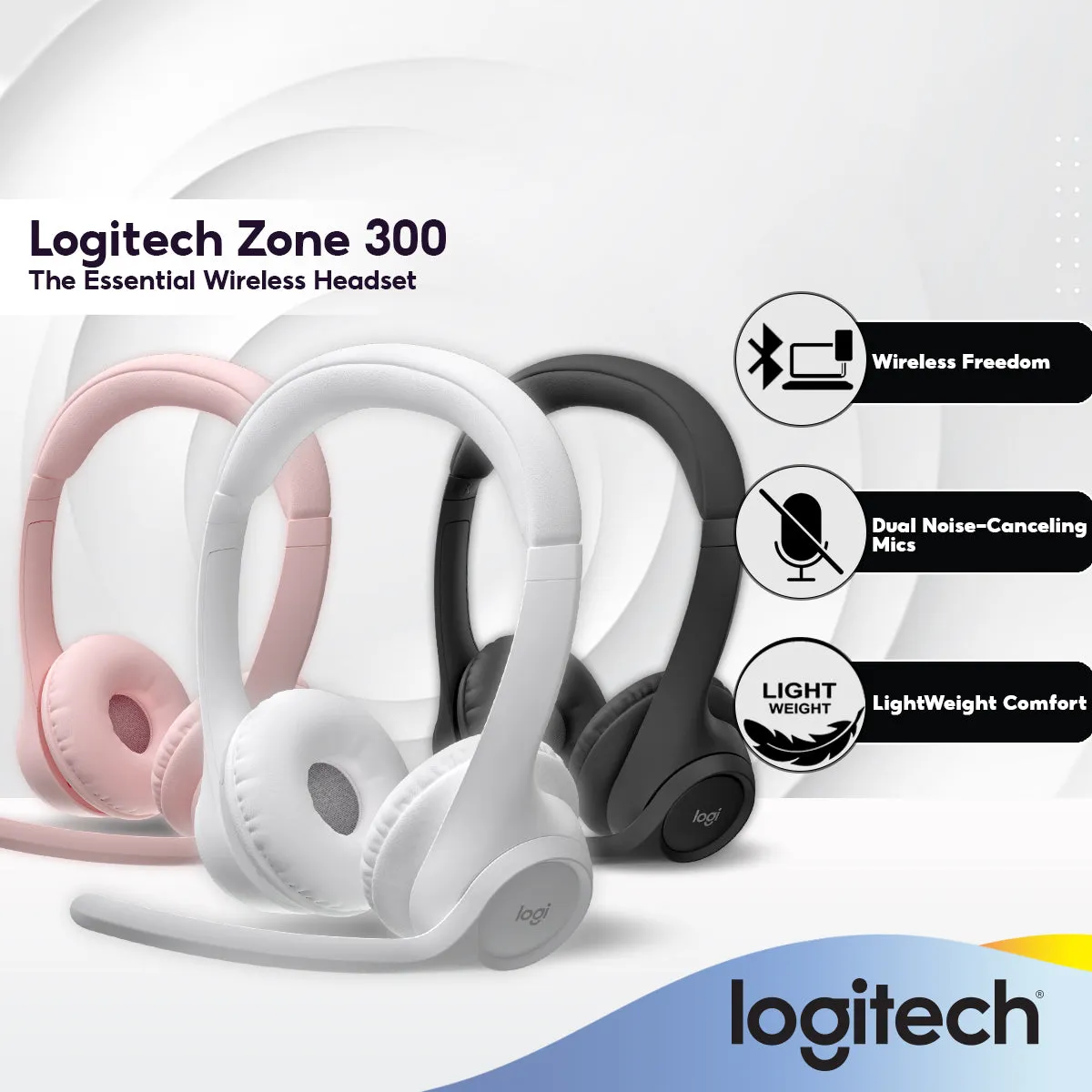 Logitech Zone 300 Wireless Bluetooth Headset With Noise-Canceling Microphone | Compatible with Windows, Mac, Chrome