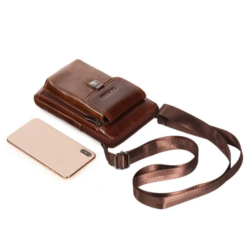 Men Genuine Leather Waist Bag Shoulder Phone