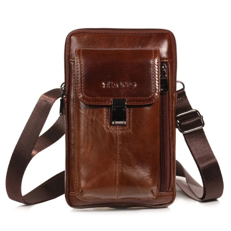 Men Genuine Leather Waist Bag Shoulder Phone