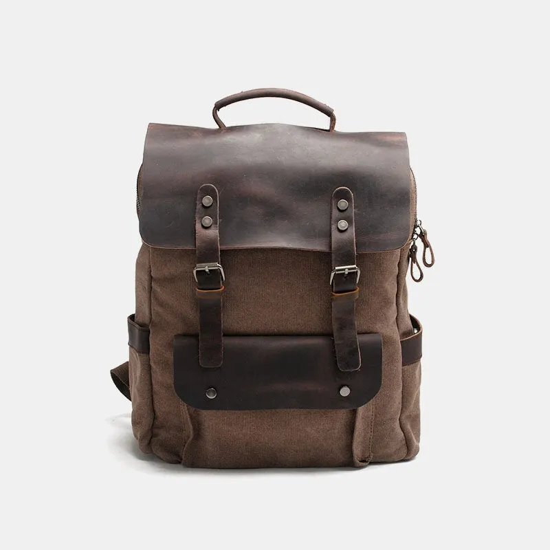 Men Retro Vintage Multifunction Canvas Leather Anti-theft Backpack