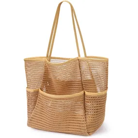 Mesh Beach Bag, Tote Bag for Women Large Foldable Mesh Swimming Bag with Pockets - Sandproof, Waterproof