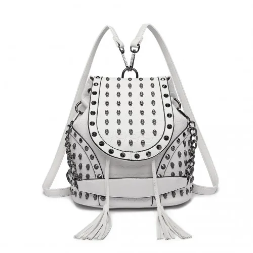 Miss Lulu Skull Studded Backpack Shoulder Bag - Beige | Versatile & Stylish PU Leather Bag