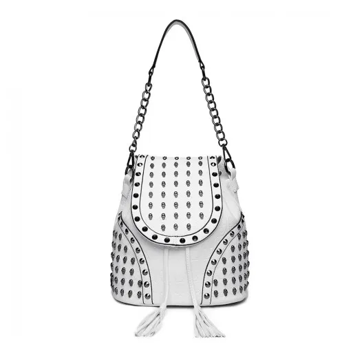 Miss Lulu Skull Studded Backpack Shoulder Bag - Beige | Versatile & Stylish PU Leather Bag