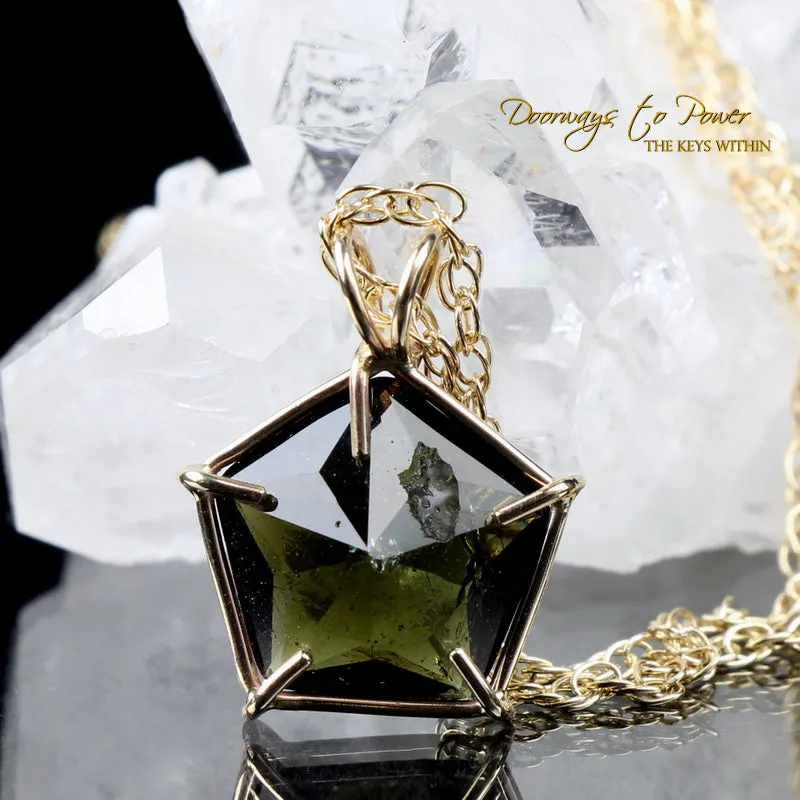 Moldavite Star of Venus Crystal Pendant 14k