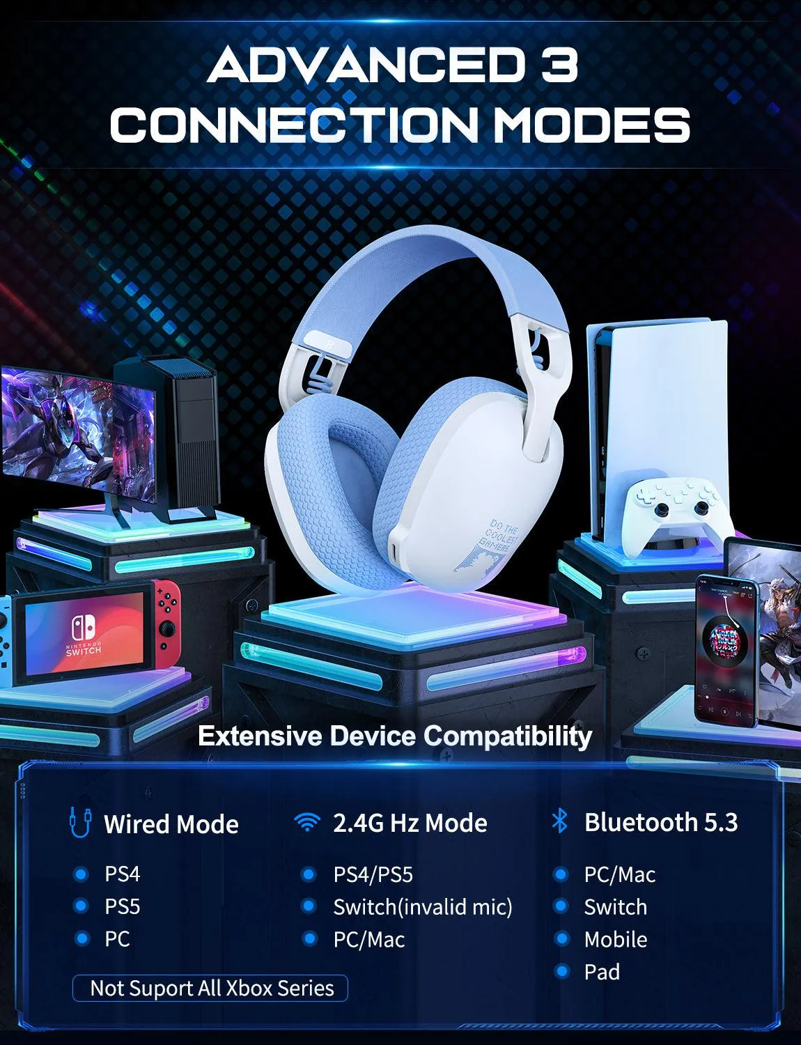 ONIKUMA B2 Headset Headworn Bluetooth 2.4g Wireless Wired Three Mode Lightweight E-Sports Gamer Headphone