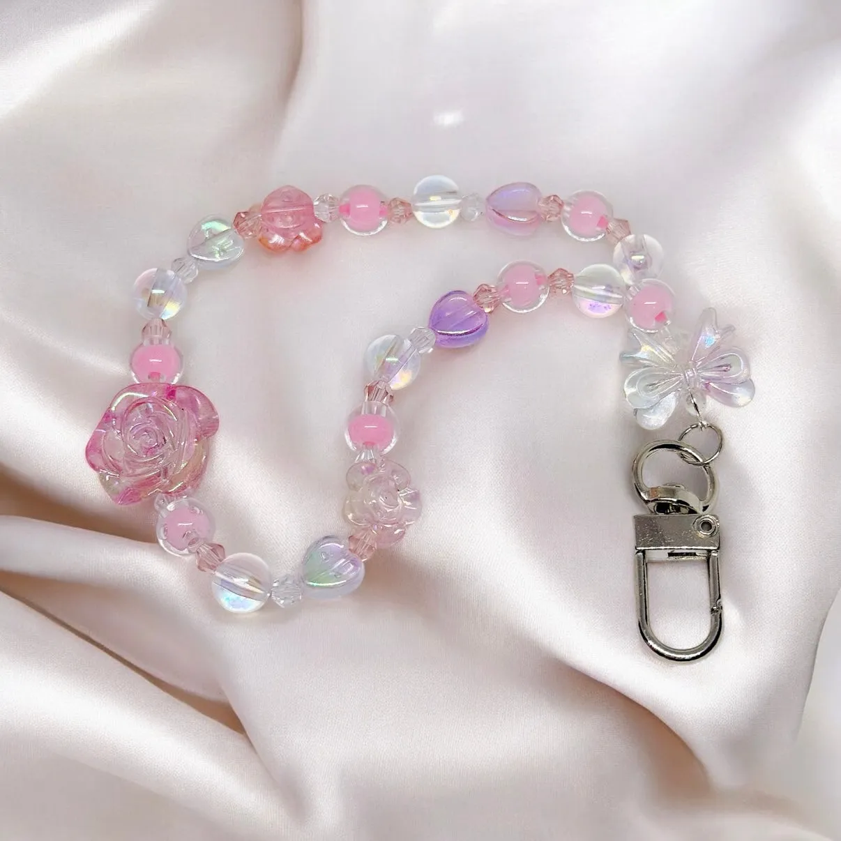 Pink floral keychain | silver clasp | pastel pink beaded chain | lanyard