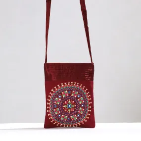 Red - Kutch Neran Hand Embroidery Mirror Work Mashru Silk Sling Bag 13