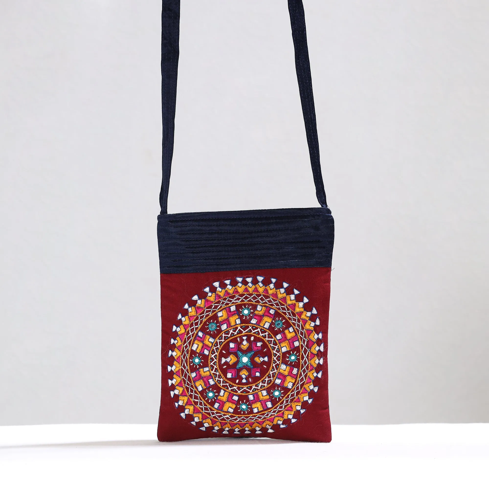 Red - Kutch Neran Hand Embroidery Mirror Work Mashru Silk Sling Bag 16