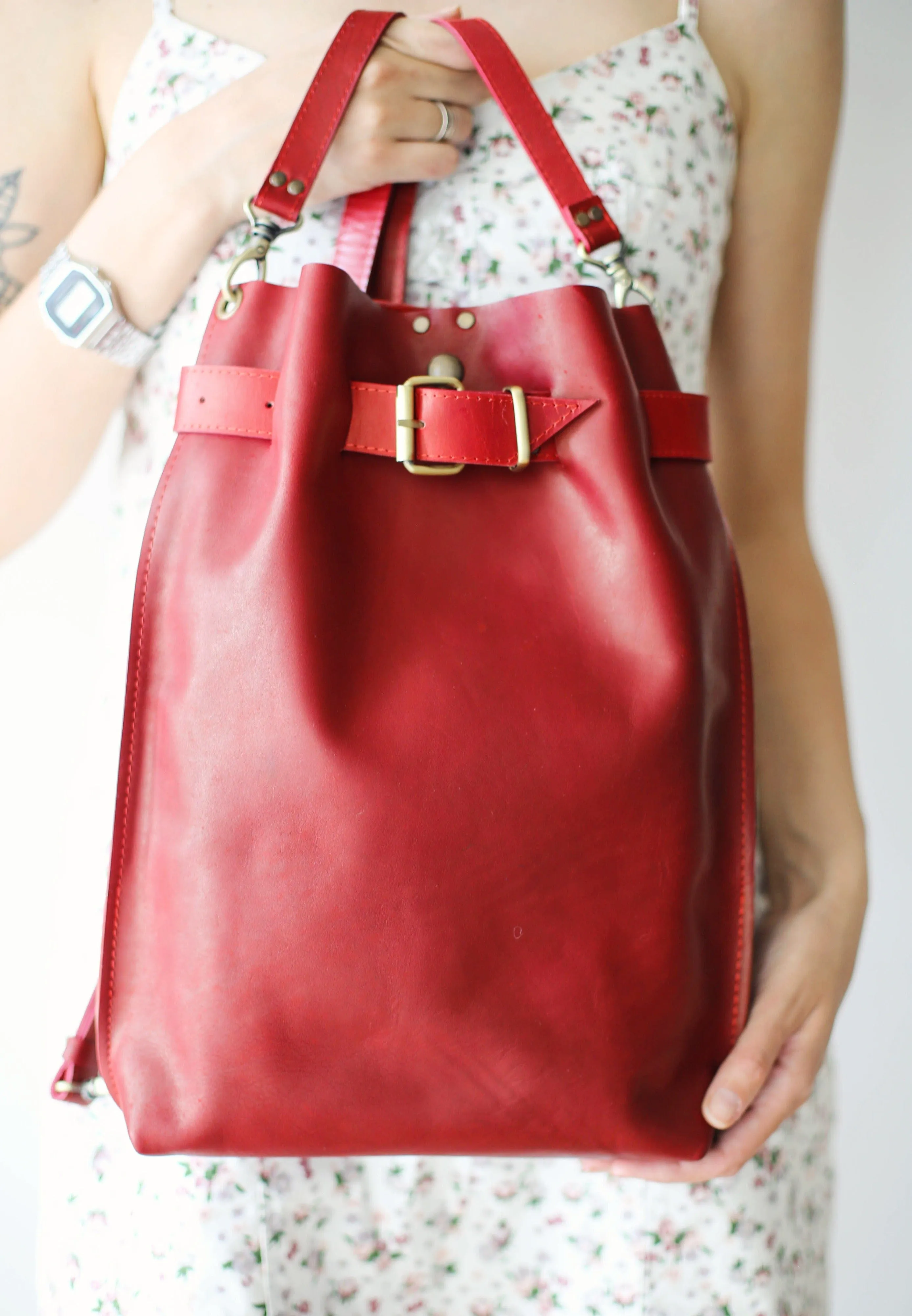 Red Large Leather Backpack Purse